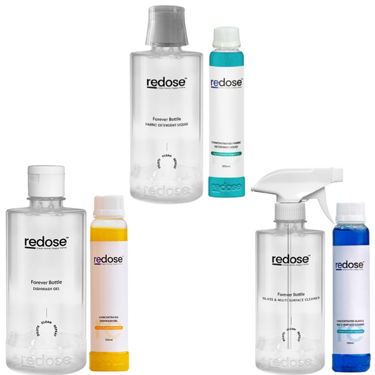 Redose Fabric Detergent | Dishwash Gel | Glass & Multi-Surface Cleaner | Mini Kit 1x Combo